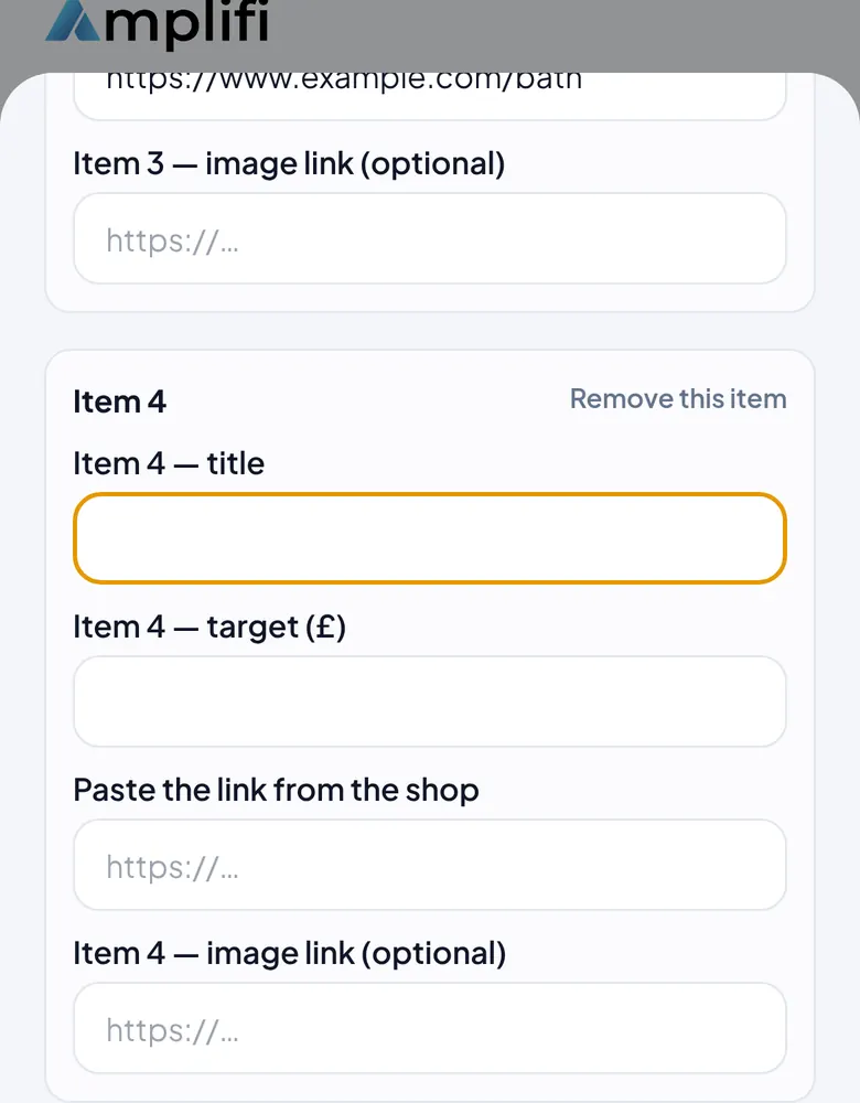 Screenshot of adding presents in the test app: a title, a target amount and a pasted link from the shop for each item, with an Add another item button