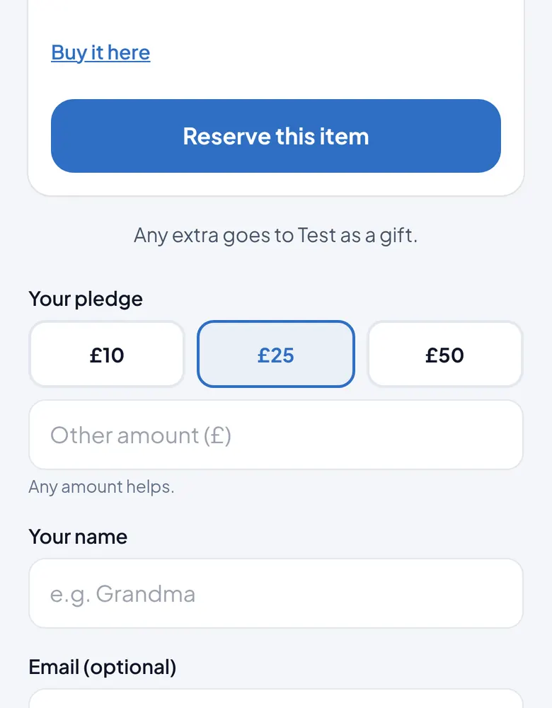 Screenshot of chipping in from the test app: a giver picks an amount such as £10, £25 or £50 and adds their name, with a note that the gift goes to the parent and not to Amplifi Gifts