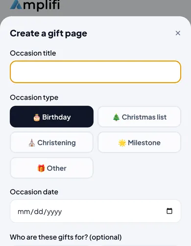 The Create a gift list screen in the Amplifi Gifts test app