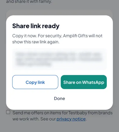 The Share link screen in the test app, ready to send through WhatsApp