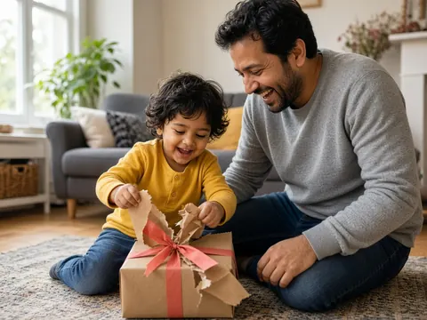 A toddler unwraps a present on the living-room rug while their dad laughs alongside