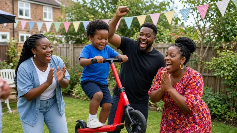 A boy rides his new red scooter in a back garden with bunting while his dad and two women cheer him on
