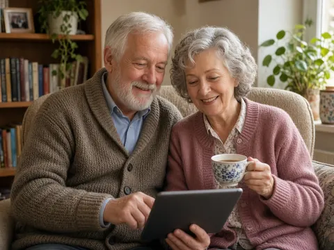 Grandparents smiling together on a sofa as they look at a tablet to choose a present