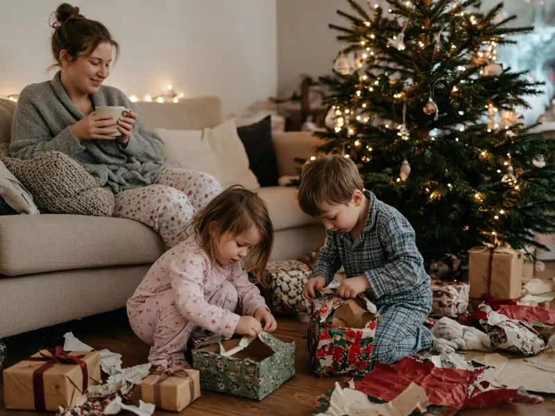 Children opening presents by a lit Christmas tree while their mum watches from the sofa with a hot drink
