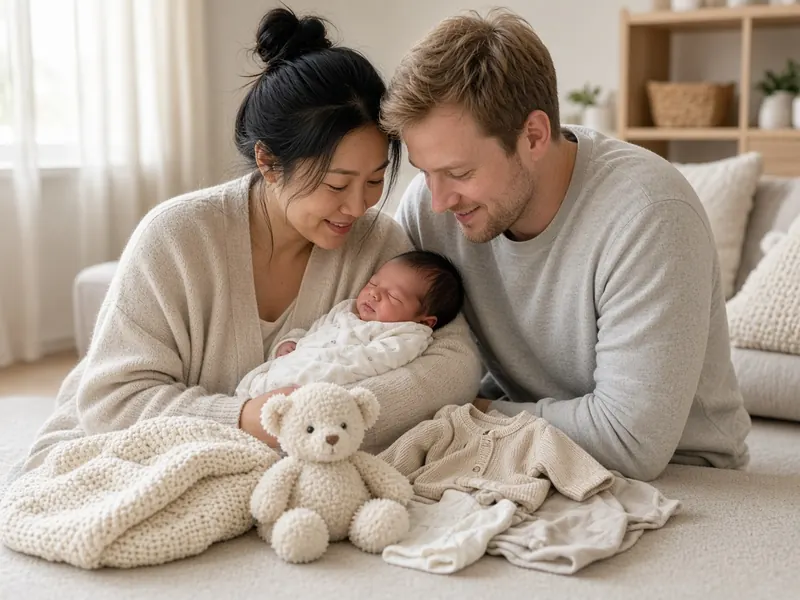 New parents cuddling their newborn baby, wrapped in a soft blanket, with a teddy bear beside them
