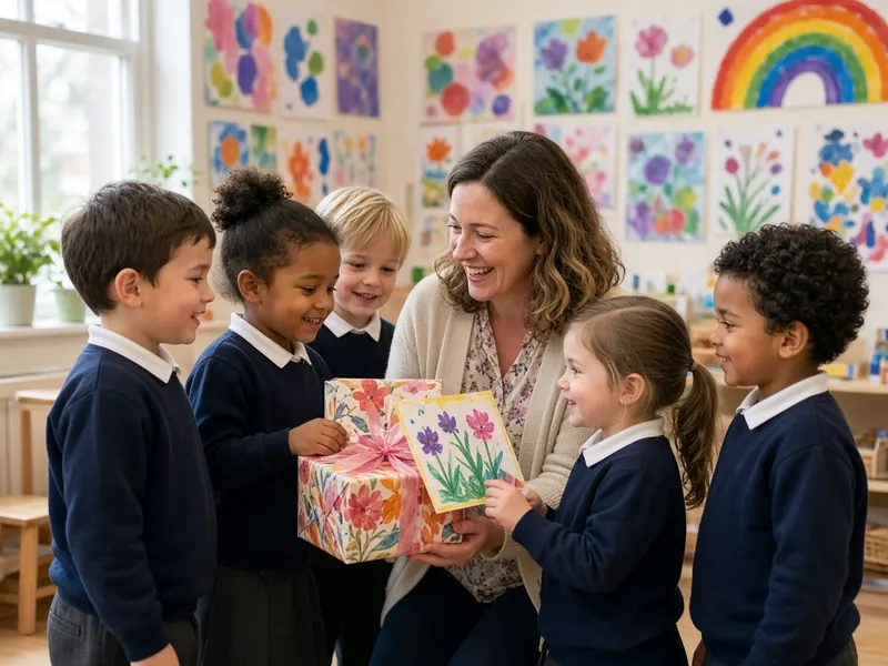 Children in school uniform giving their smiling teacher a wrapped present in a bright classroom