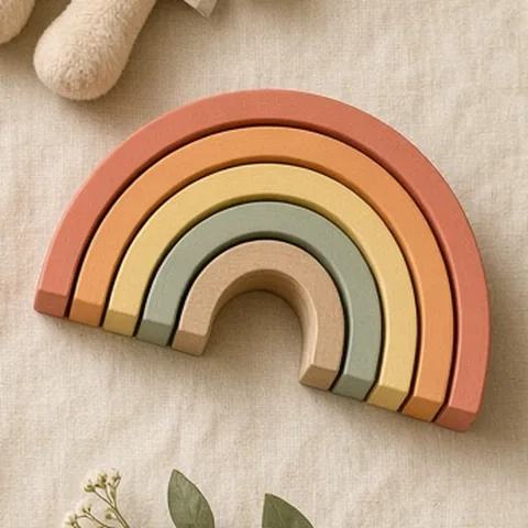 A wooden rainbow stacking toy in bright colours